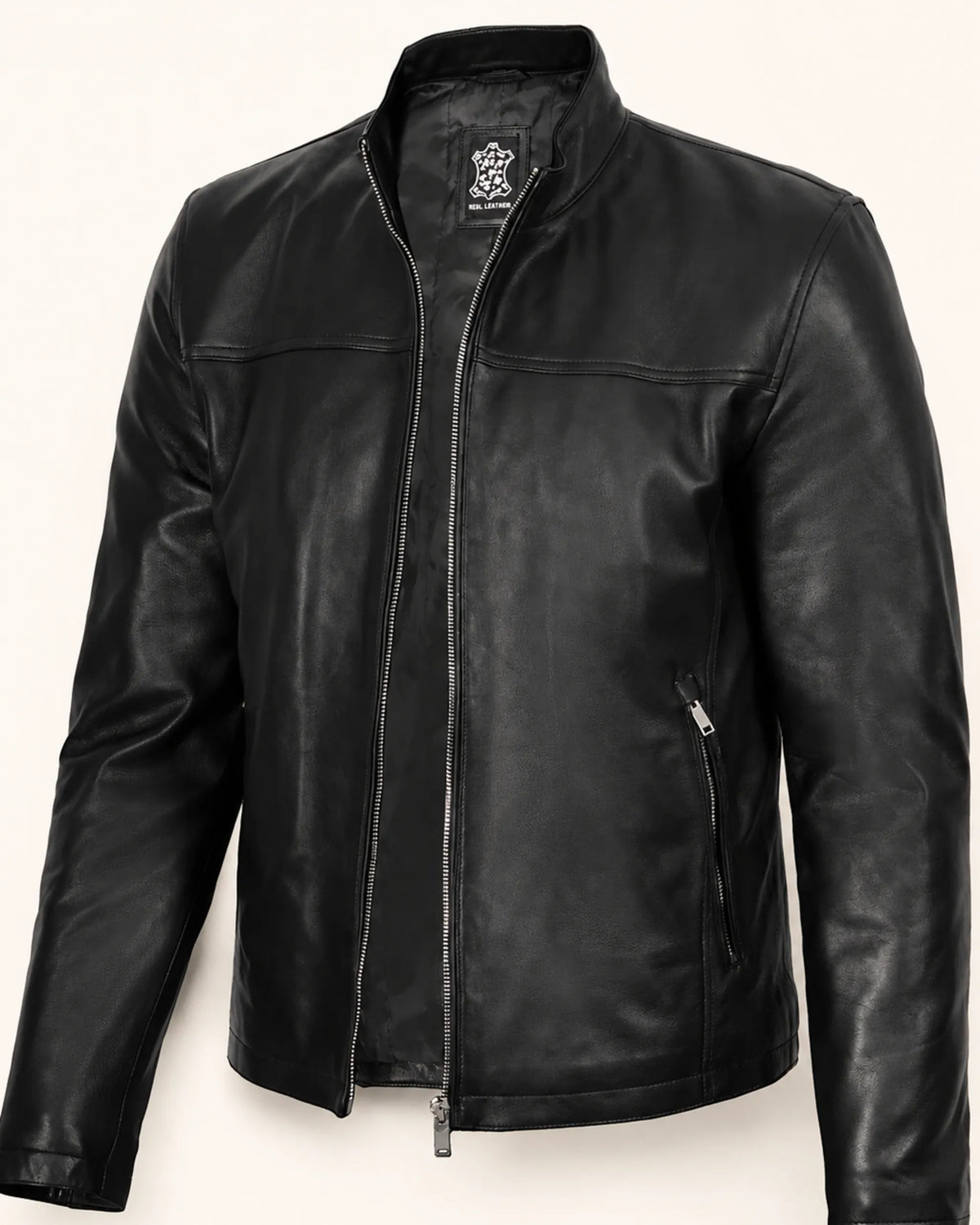 Premium Men's Black Leather Biker Jacket with Upright Collar