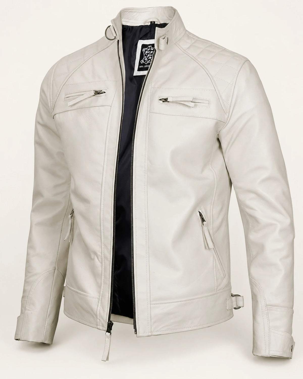 Refined Men's Off-White Quilted-Shoulder Biker Leather Jacket