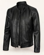 Premium Men's Black Biker Leather Jacket with Café Racer Collar
