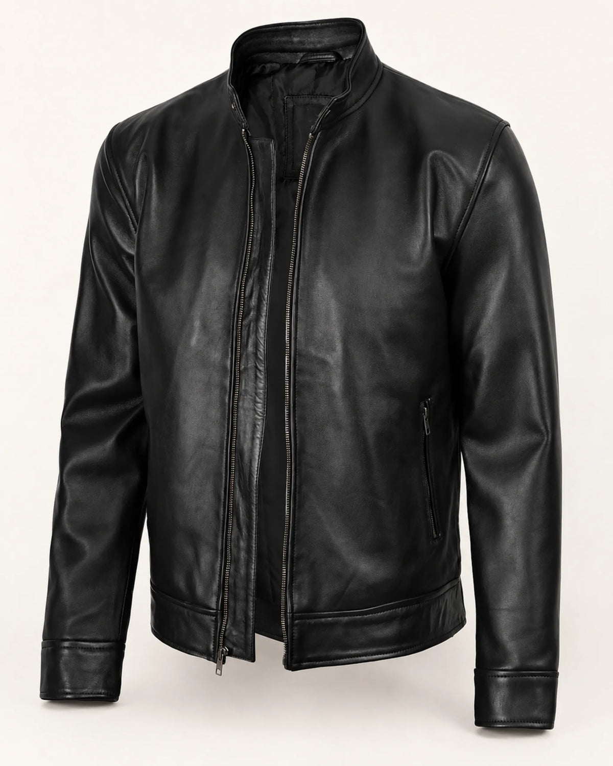 Premium Men's Black Biker Leather Jacket with Café Racer Collar