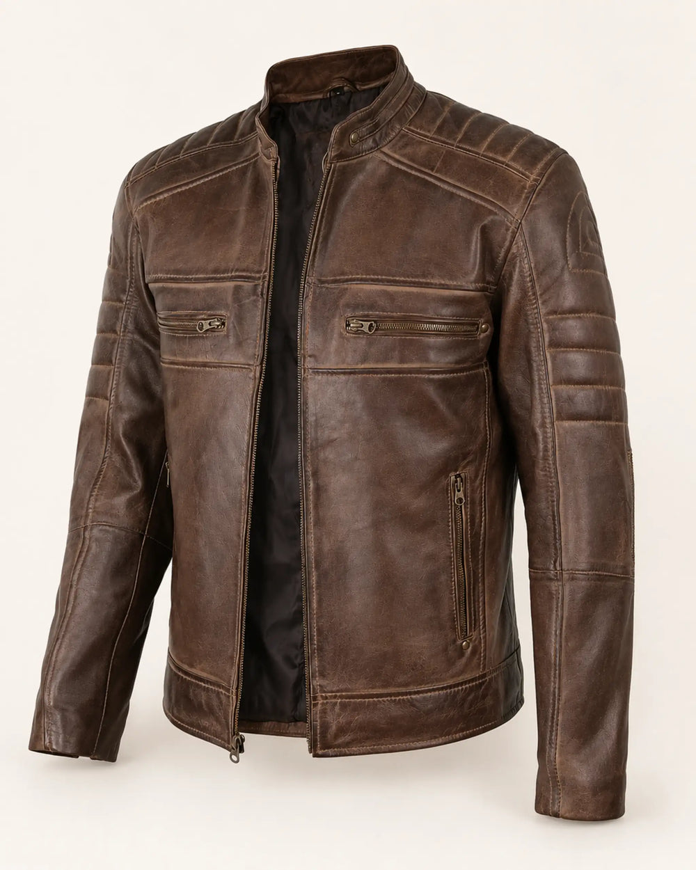 Elite Men’s Coffee Brown Waxed Leather Biker Jacket