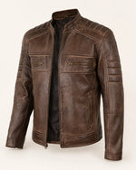Elite Men’s Coffee Brown Waxed Leather Biker Jacket