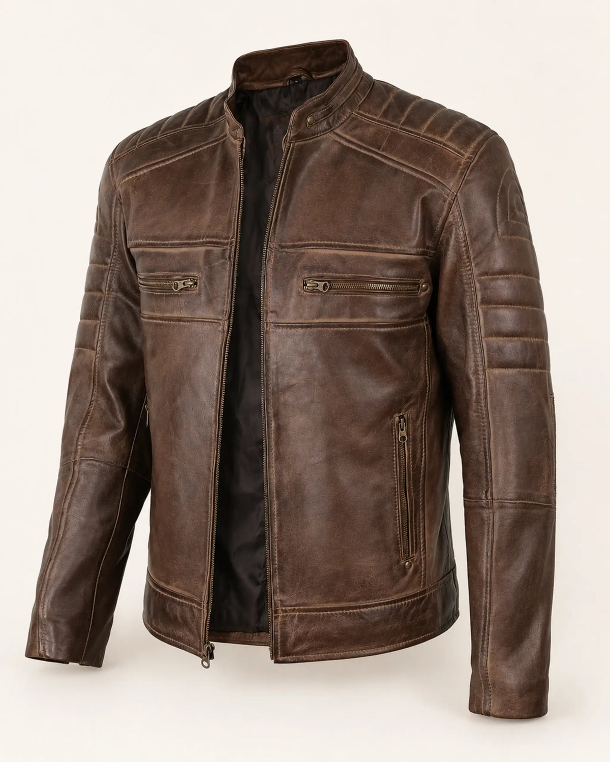 Elite Men’s Coffee Brown Waxed Leather Biker Jacket