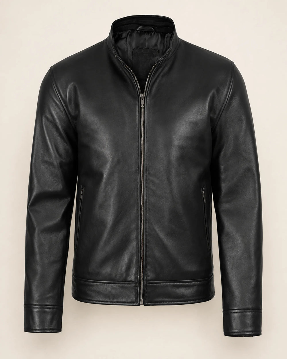 Premium Men's Black Biker Leather Jacket with Café Racer Collar
