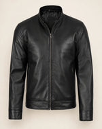 Premium Men's Black Biker Leather Jacket with Café Racer Collar
