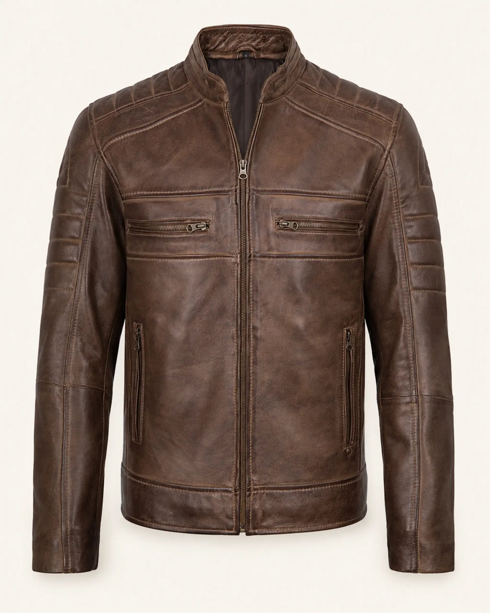 Elite Men’s Coffee Brown Waxed Leather Biker Jacket
