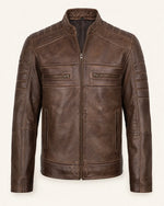 Elite Men’s Coffee Brown Waxed Leather Biker Jacket