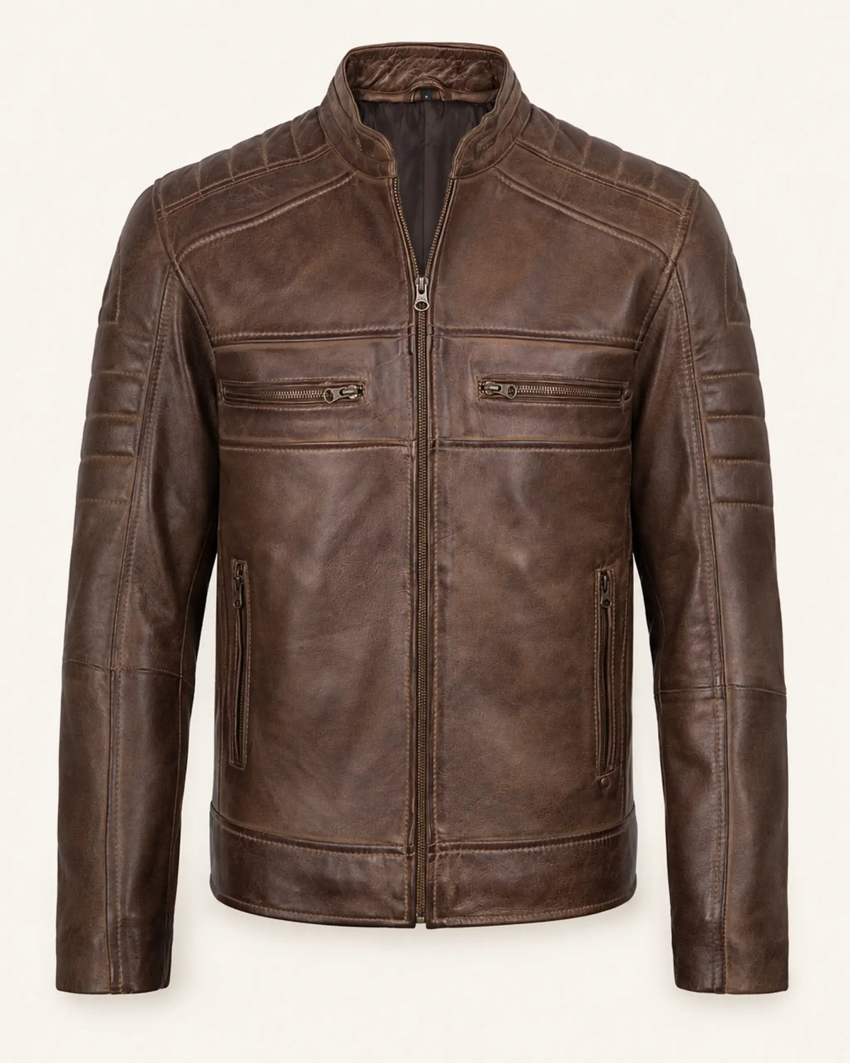 Elite Men’s Coffee Brown Waxed Leather Biker Jacket
