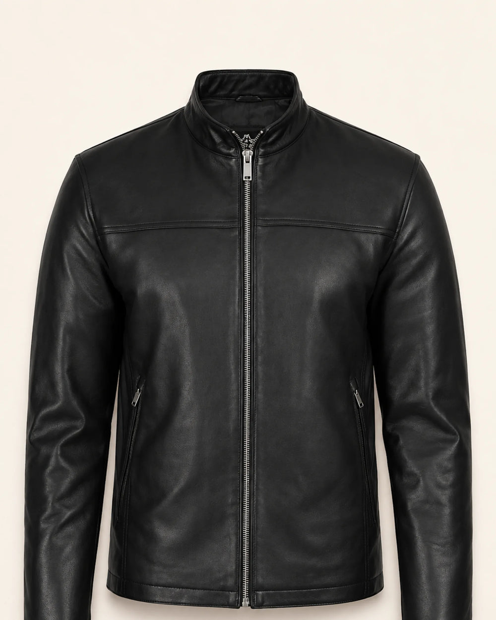 Premium Men's Black Leather Biker Jacket with Upright Collar