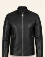 Premium Men's Black Leather Biker Jacket with Upright Collar