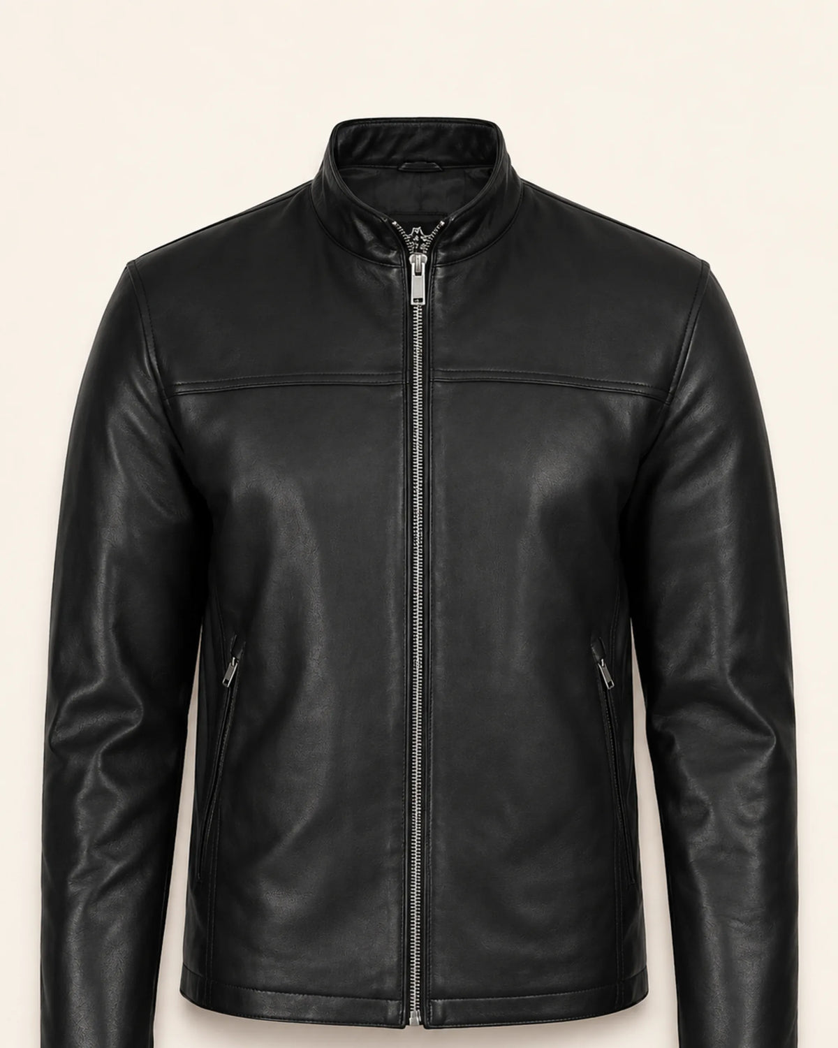 Premium Men's Black Leather Biker Jacket with Upright Collar