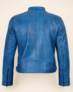 Elite Men's Distressed Blue Leather Biker Jacket with Zip Cuffs