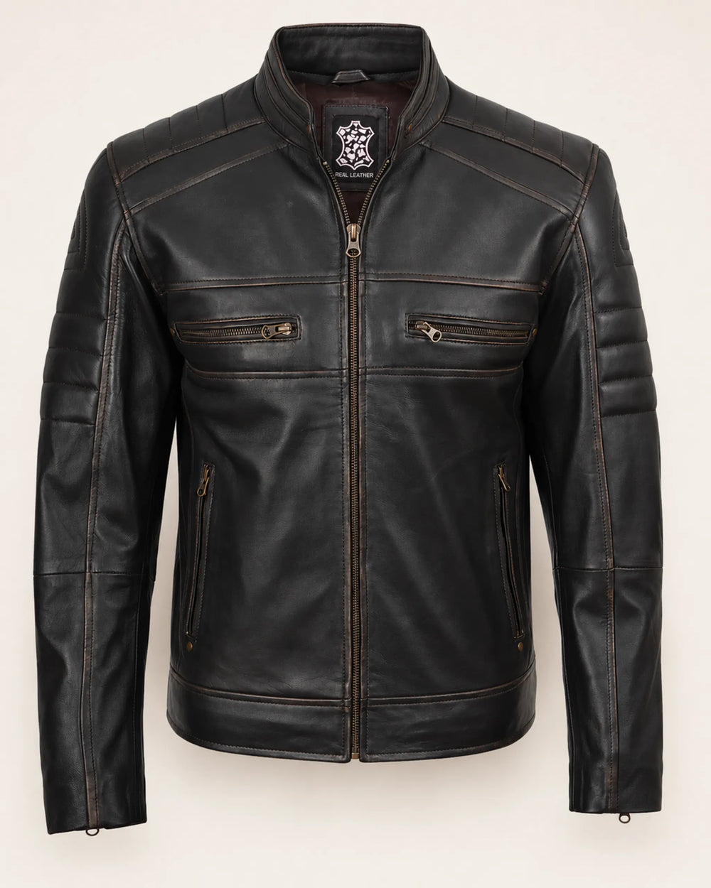 Classic Men's Distressed Brown Real Leather Biker-Style Jacket