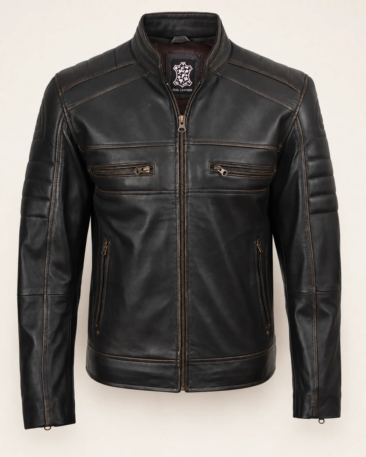 Classic Men's Distressed Brown Real Leather Biker-Style Jacket