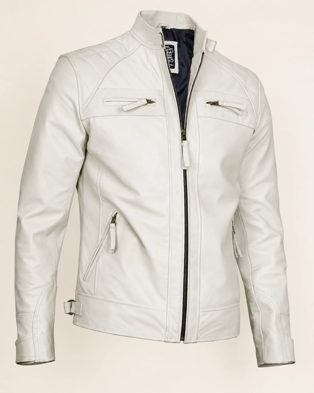 Refined Men's Off-White Quilted-Shoulder Biker Leather Jacket