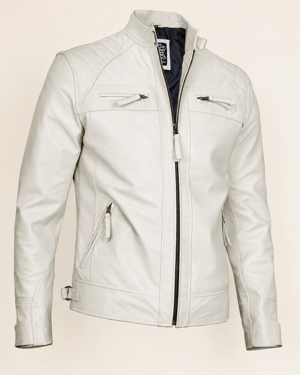Refined Men's Off-White Quilted-Shoulder Biker Leather Jacket