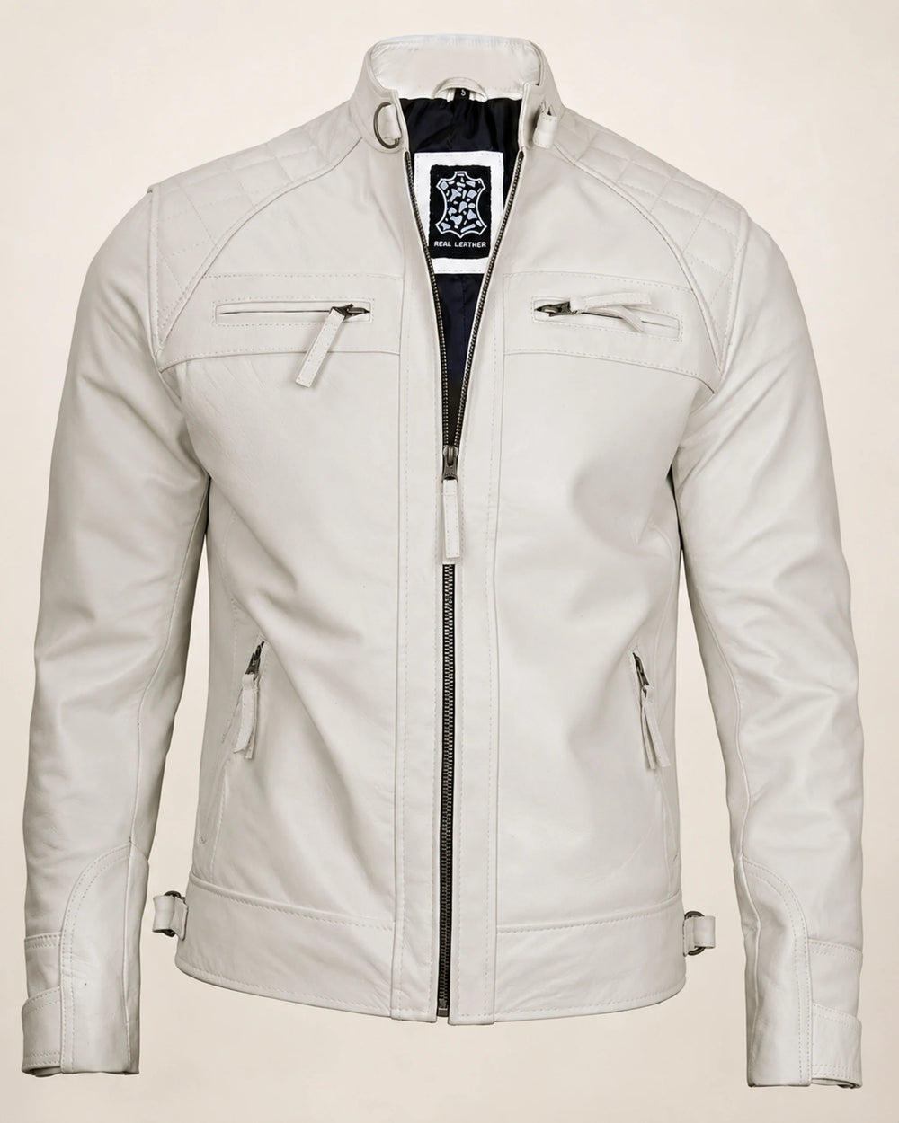 Refined Men's Off-White Quilted-Shoulder Biker Leather Jacket
