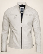 Refined Men's Off-White Quilted-Shoulder Biker Leather Jacket