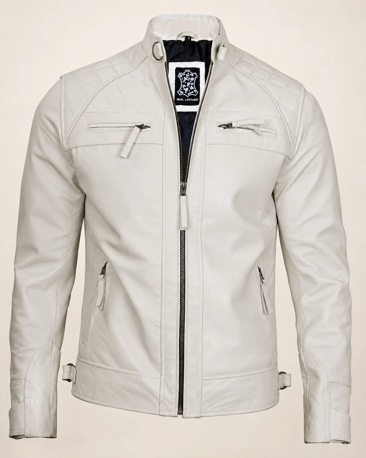 Refined Men's Off-White Quilted-Shoulder Biker Leather Jacket