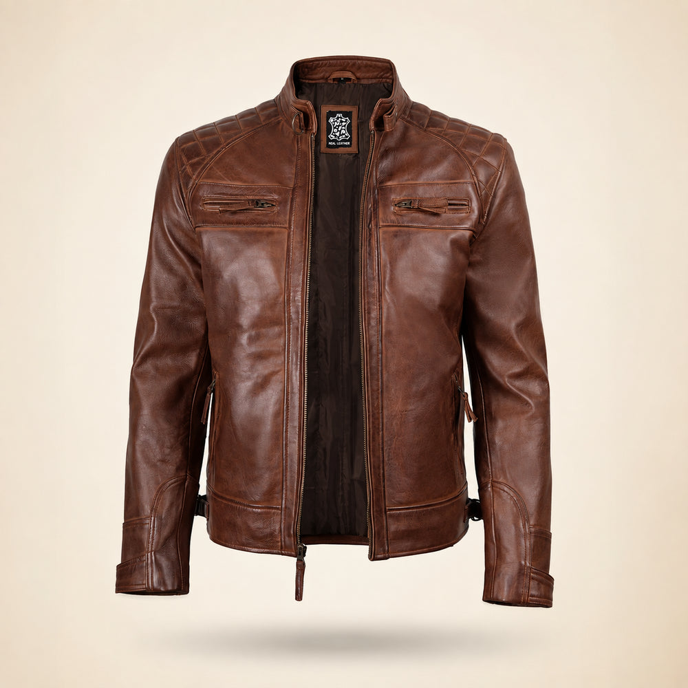 Classic Men's Cognac Café Racer Leather Jacket with Quilted Shoulders