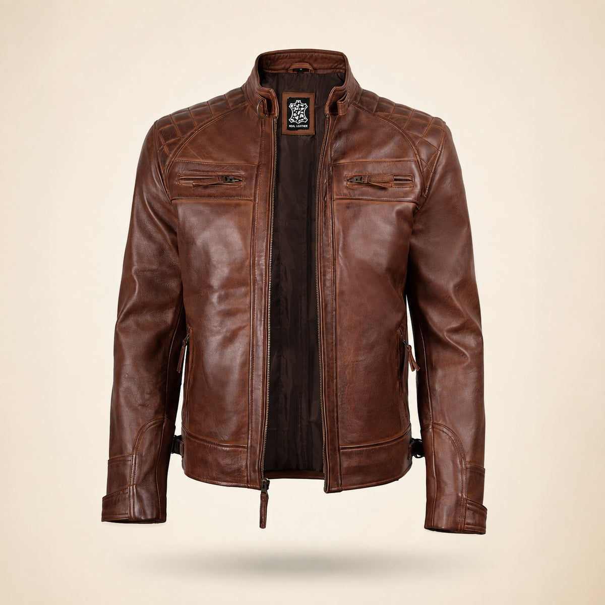 Classic Men's Cognac Café Racer Leather Jacket with Quilted Shoulders