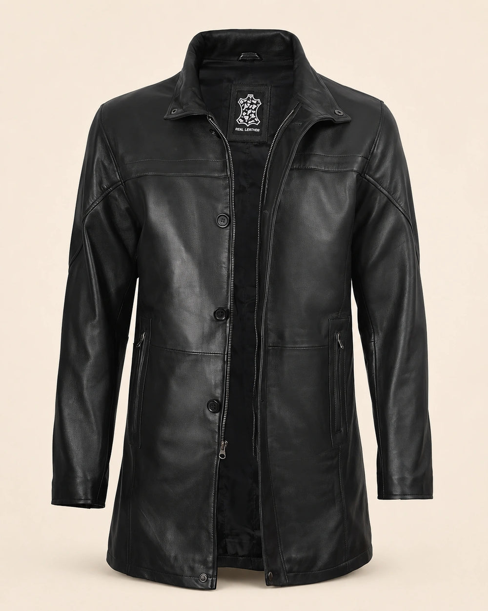 The Royal Bristol Mens Real Leather Black Car Coat
