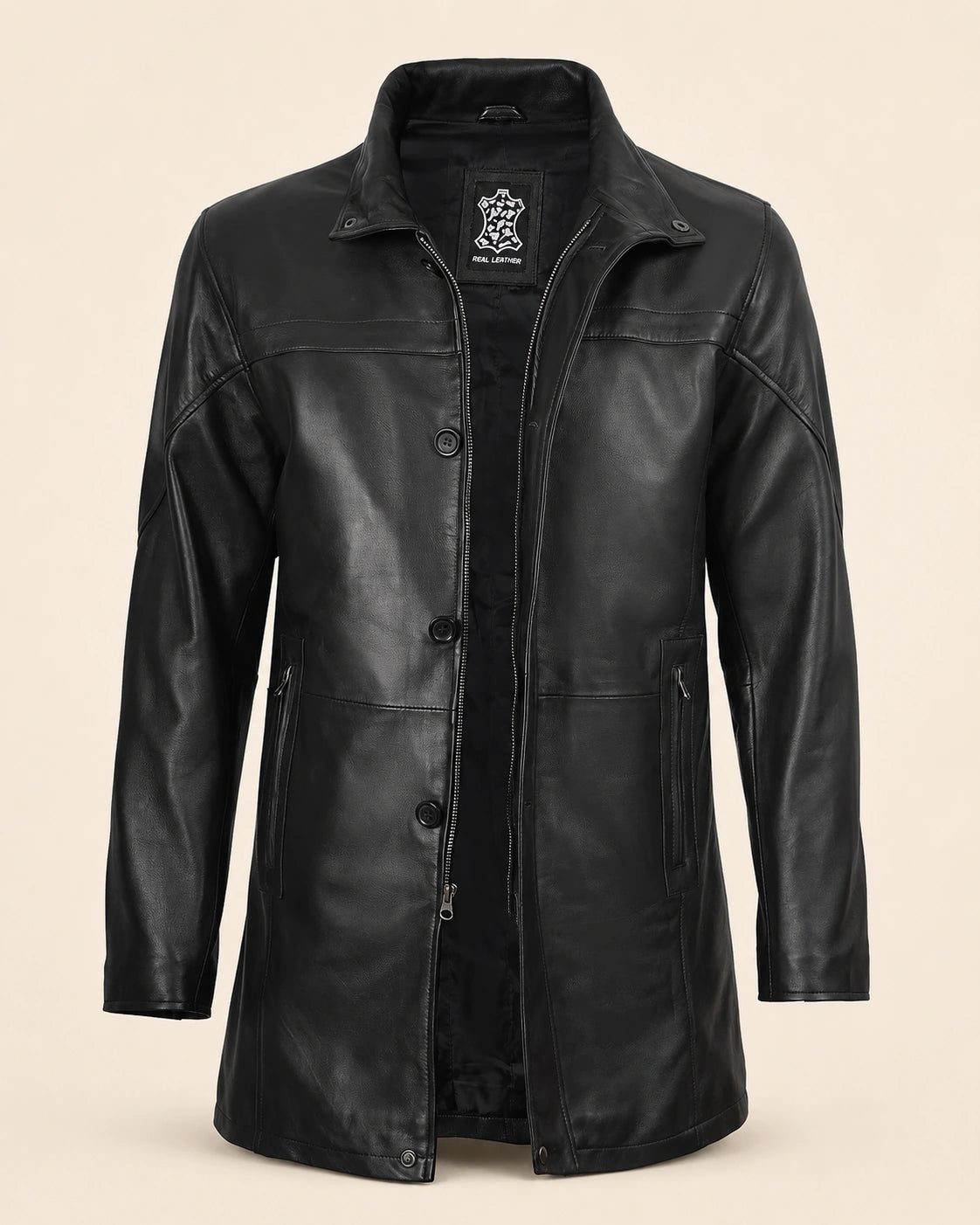 The Royal Bristol Mens Real Leather Black Car Coat