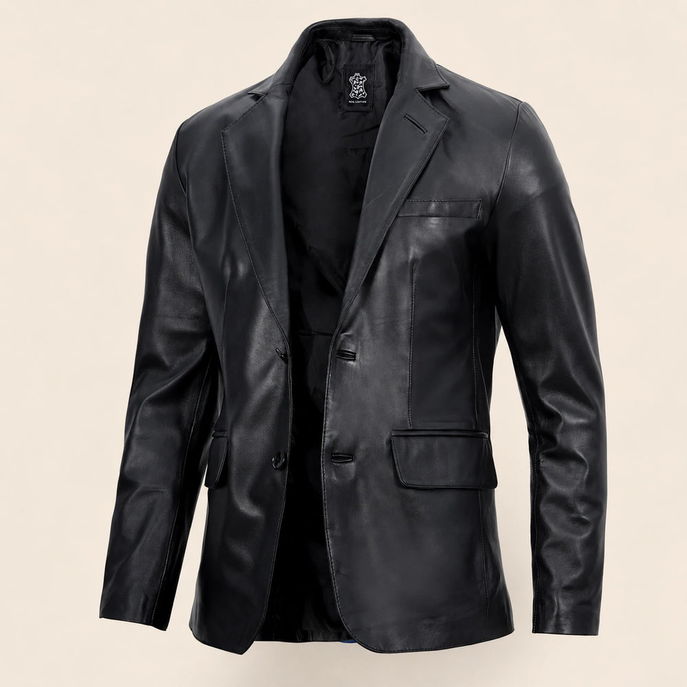 The Royal Men’s Black Leather Blazer – Two-Button Notch Lapel