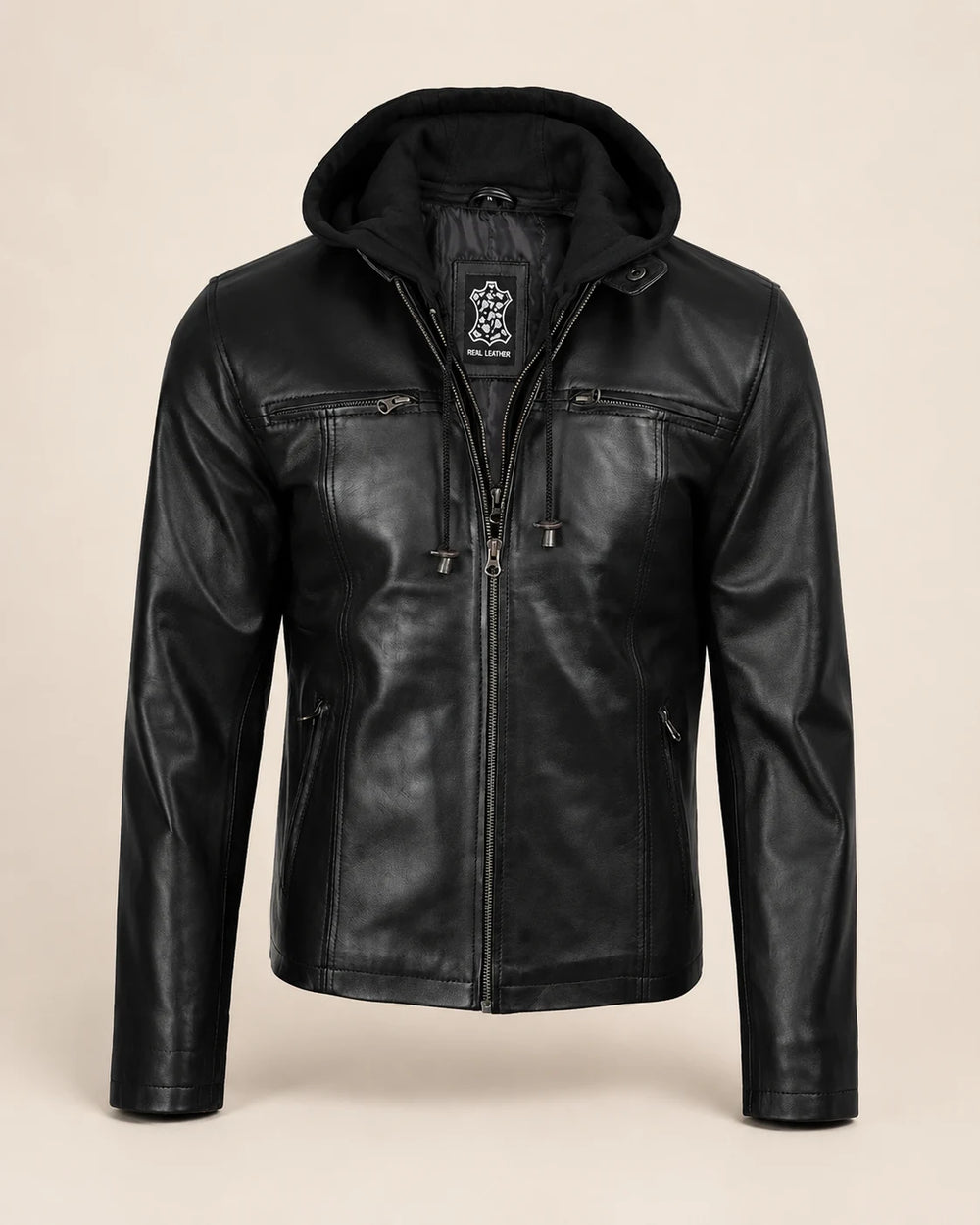 The Royal Men's Black Leather Bomber Jacket with Removable Hood