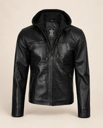 The Royal Men's Black Leather Bomber Jacket with Removable Hood