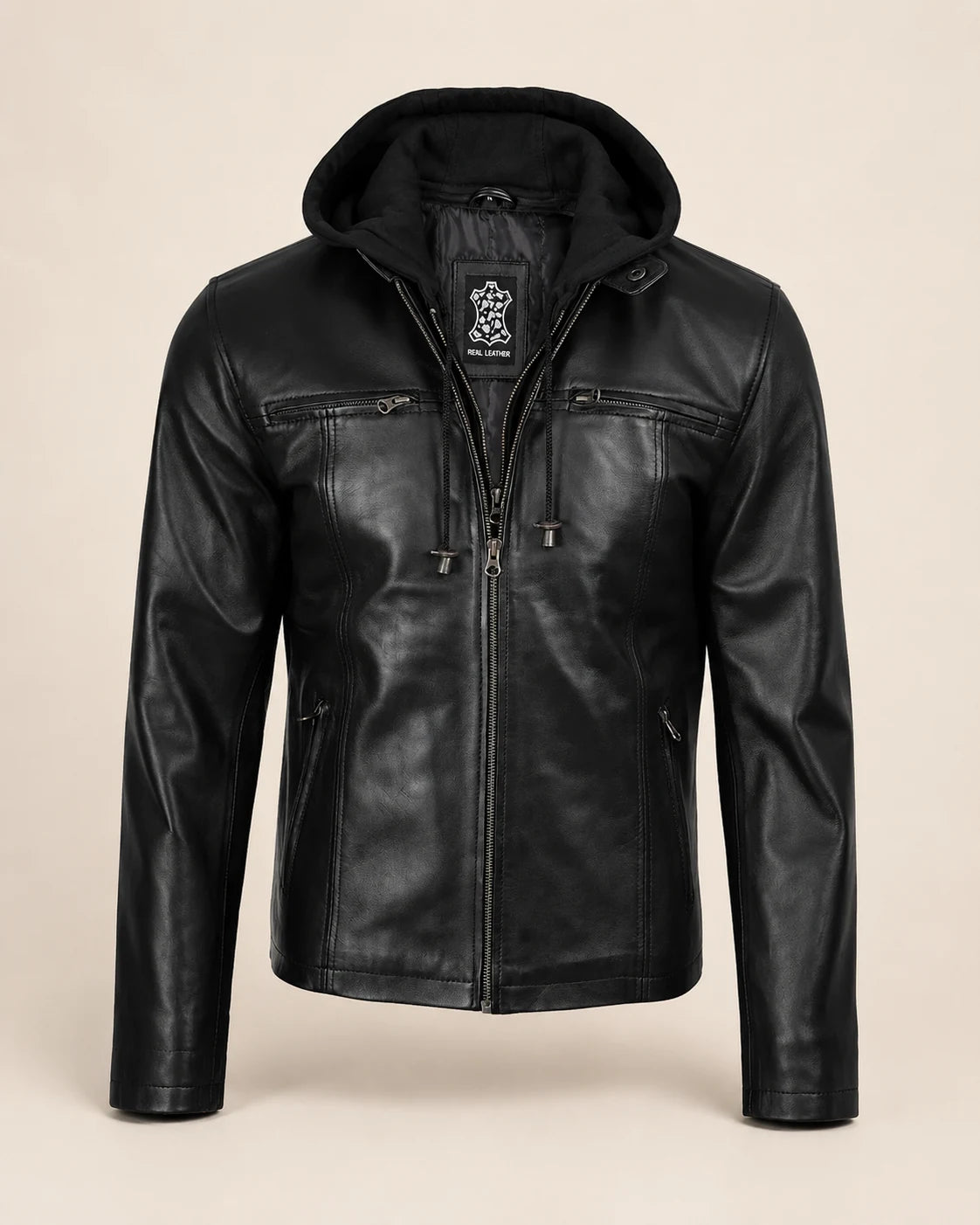 The Royal Men's Black Leather Bomber Jacket with Removable Hood