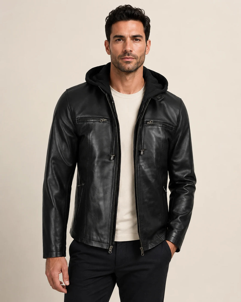 The Royal Men's Black Leather Bomber Jacket with Removable Hood