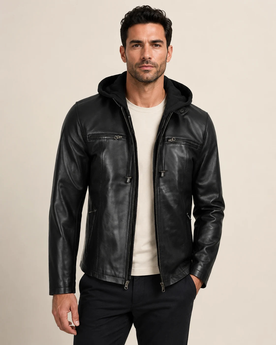 The Royal Men's Black Leather Bomber Jacket with Removable Hood