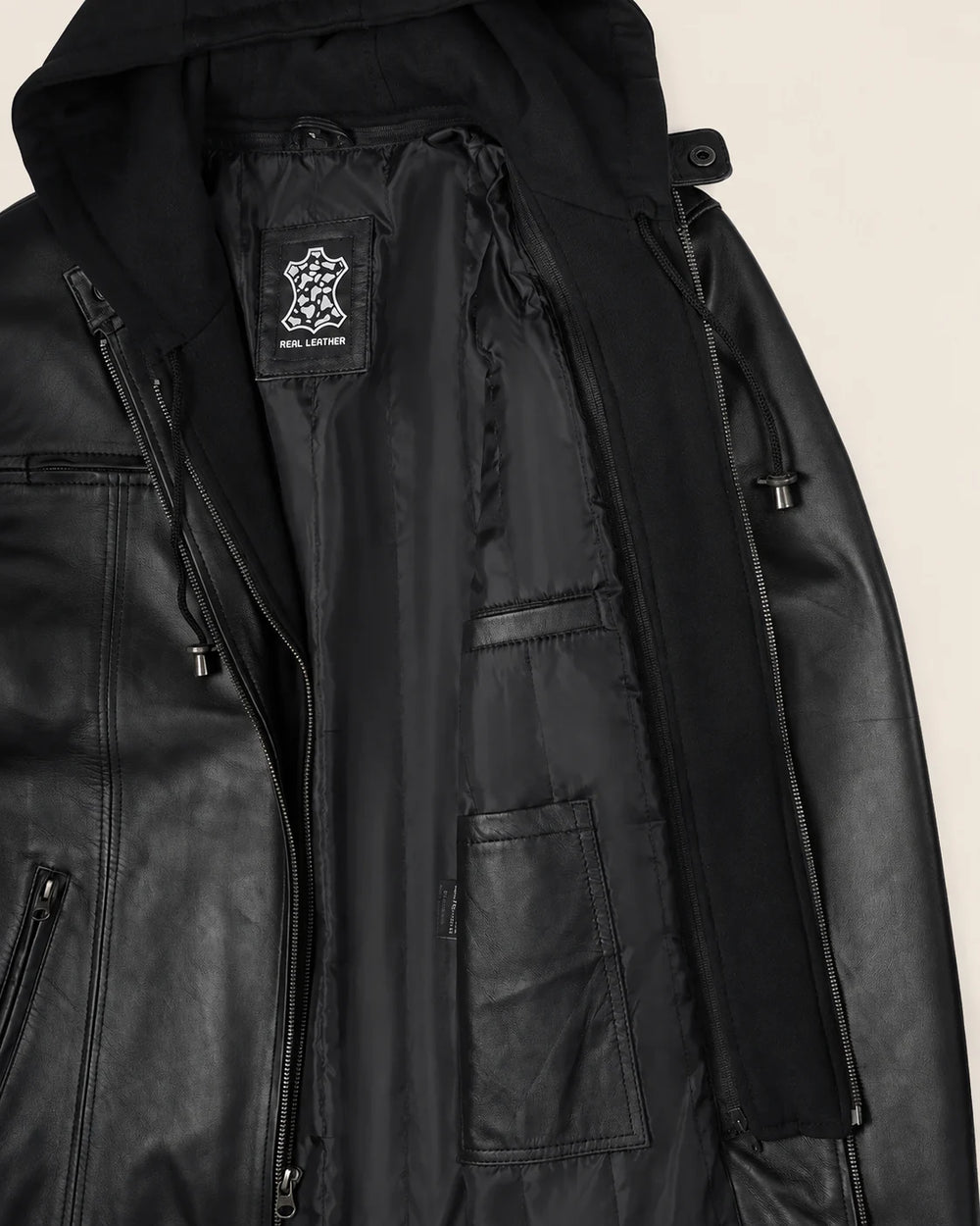 The Royal Men's Black Leather Bomber Jacket with Removable Hood