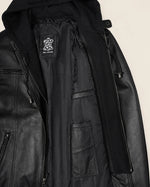 The Royal Men's Black Leather Bomber Jacket with Removable Hood