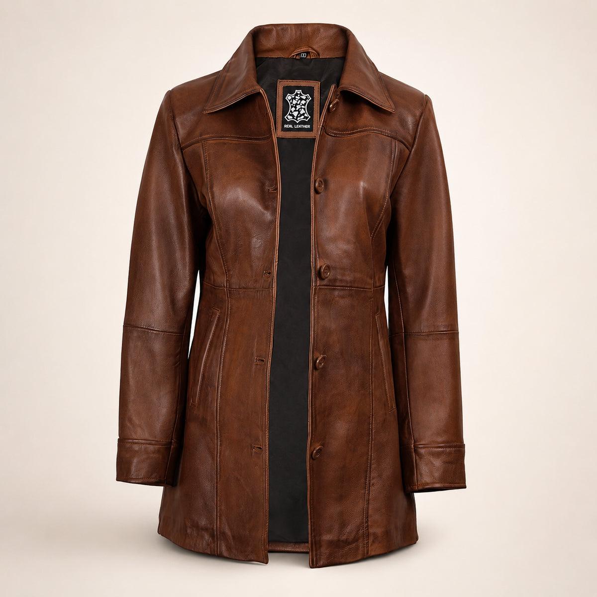 Women's Cognac 3/4 Length Lambskin Royal Leather Coat