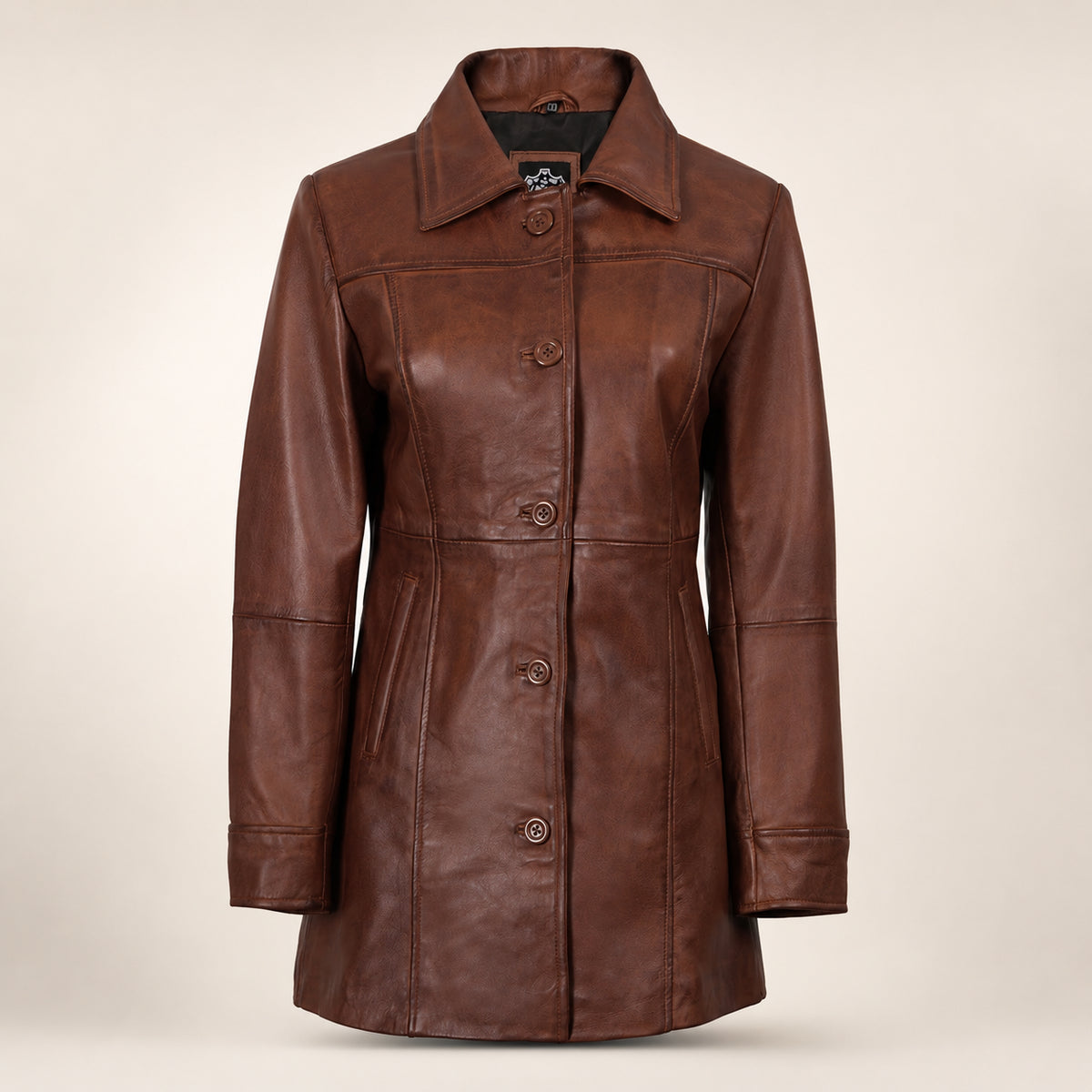 Women's Cognac 3/4 Length Lambskin Royal Leather Coat