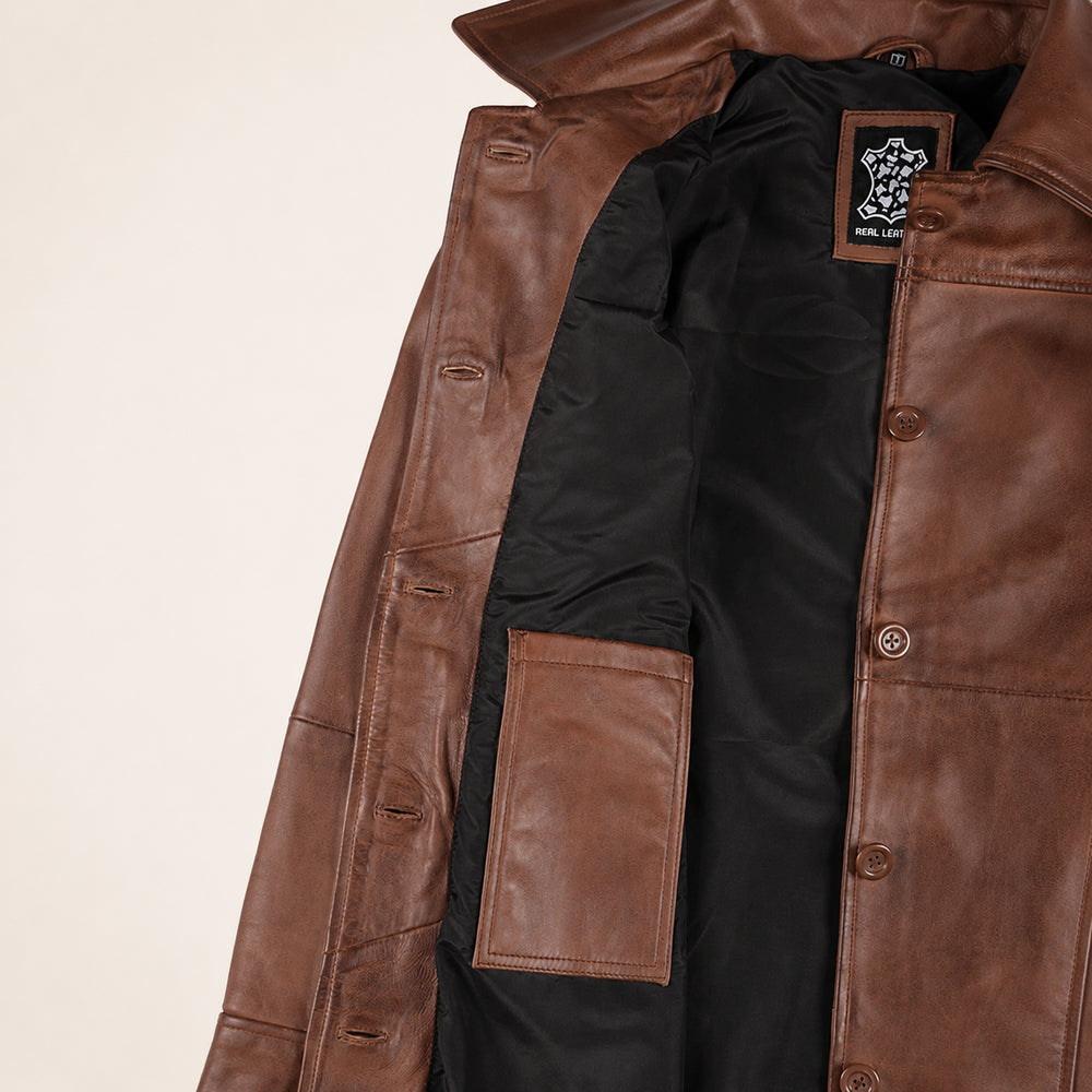 Women's Cognac 3/4 Length Lambskin Royal Leather Coat