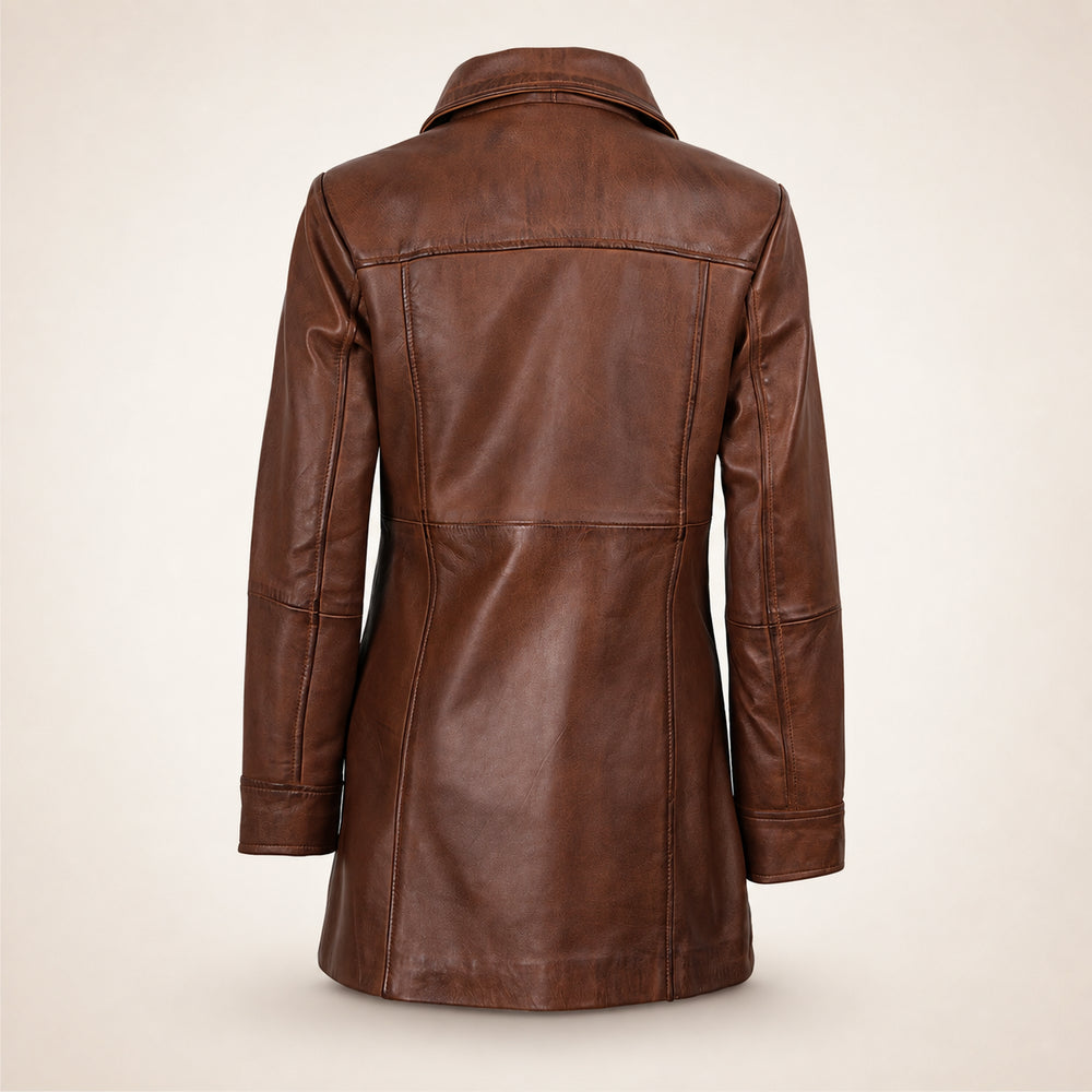 Women's Cognac 3/4 Length Lambskin Royal Leather Coat